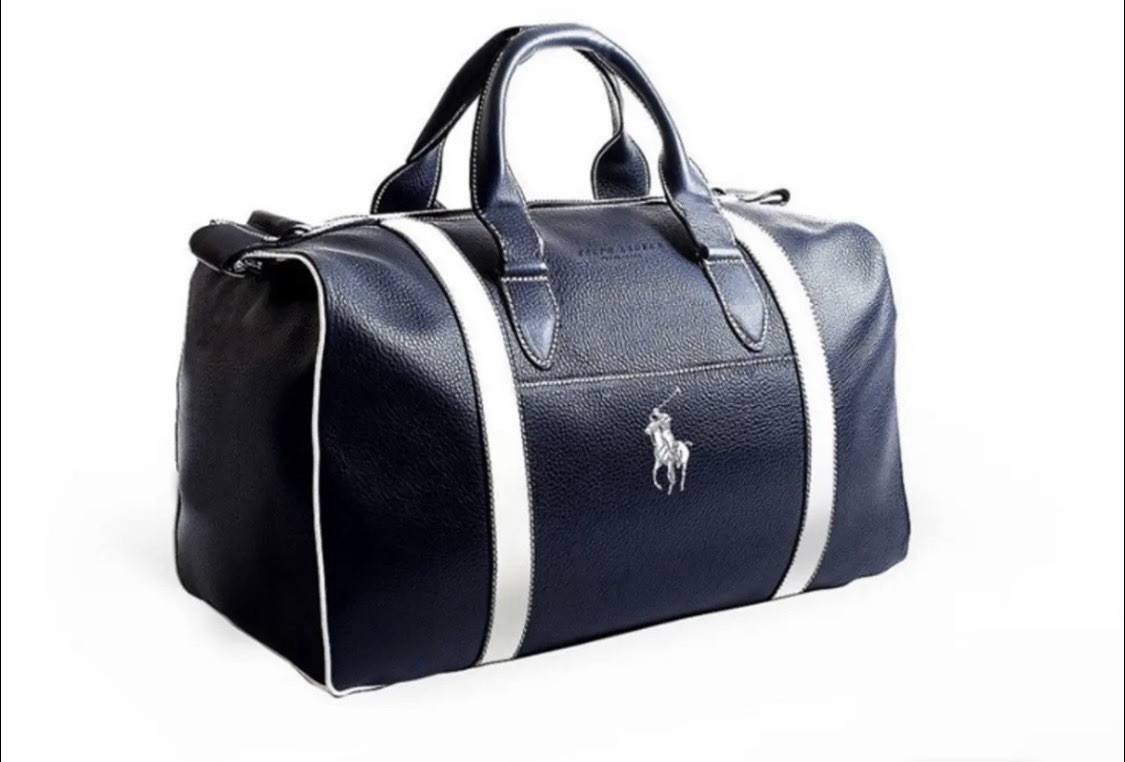 Ralph Lauren Fragrance Bag Navy Blue/White Faux Leather DuffleBag 100% Authentic