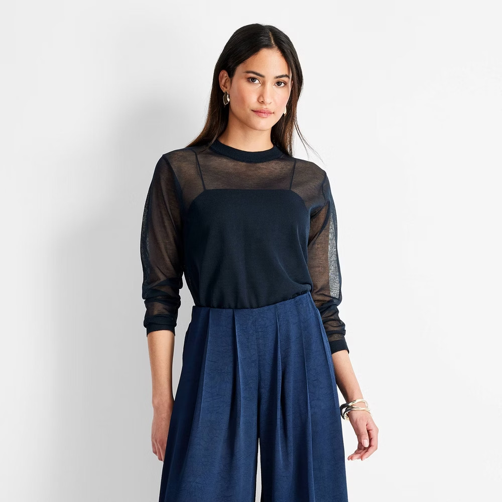 Future Collective Women’s Crewneck Sheer Blouse Navy Blue Size Medium
