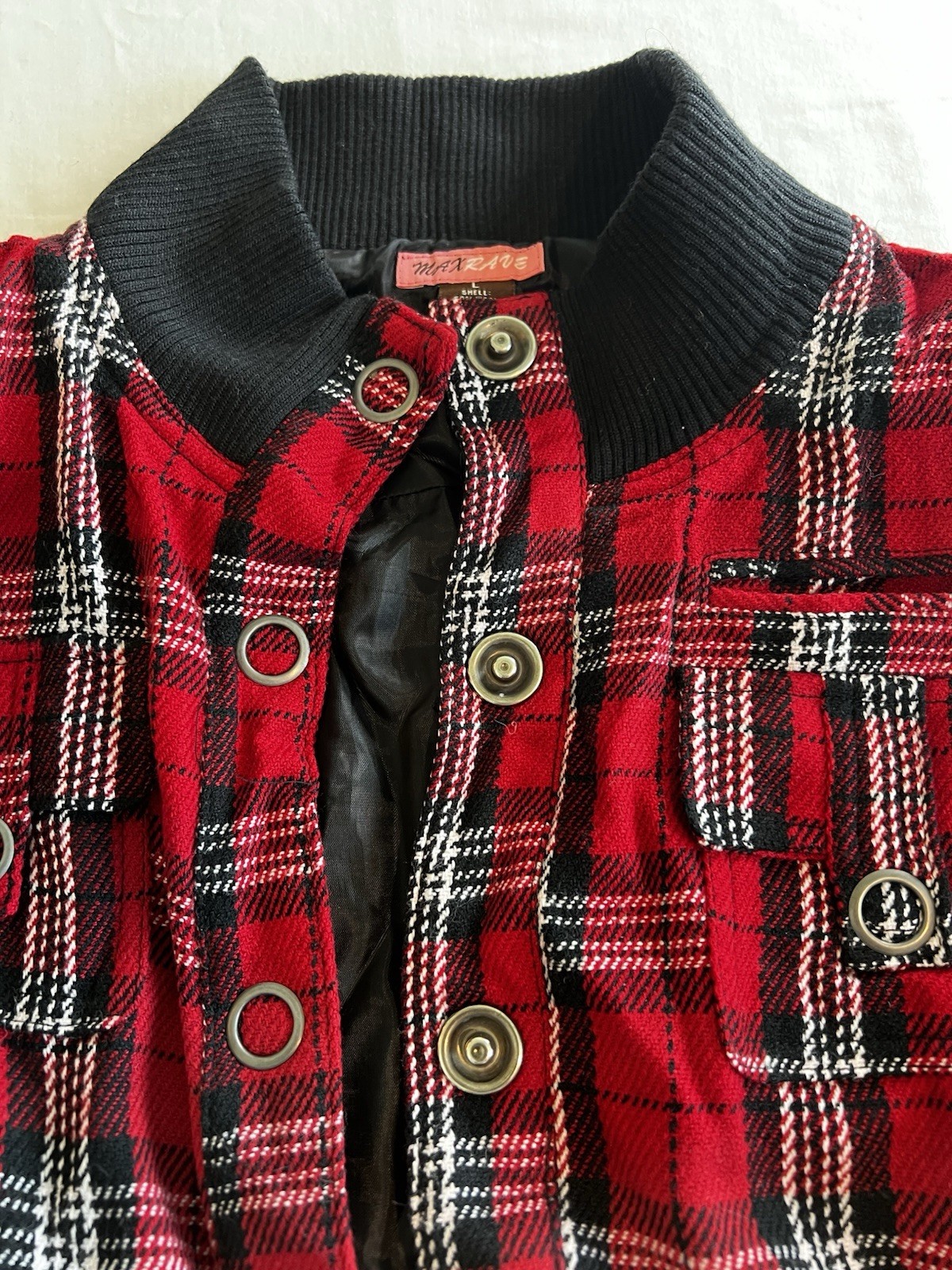 Vintage Red Black Plaid Bomber Jacket Snap Front Ribbed Trim Retro Punk L
