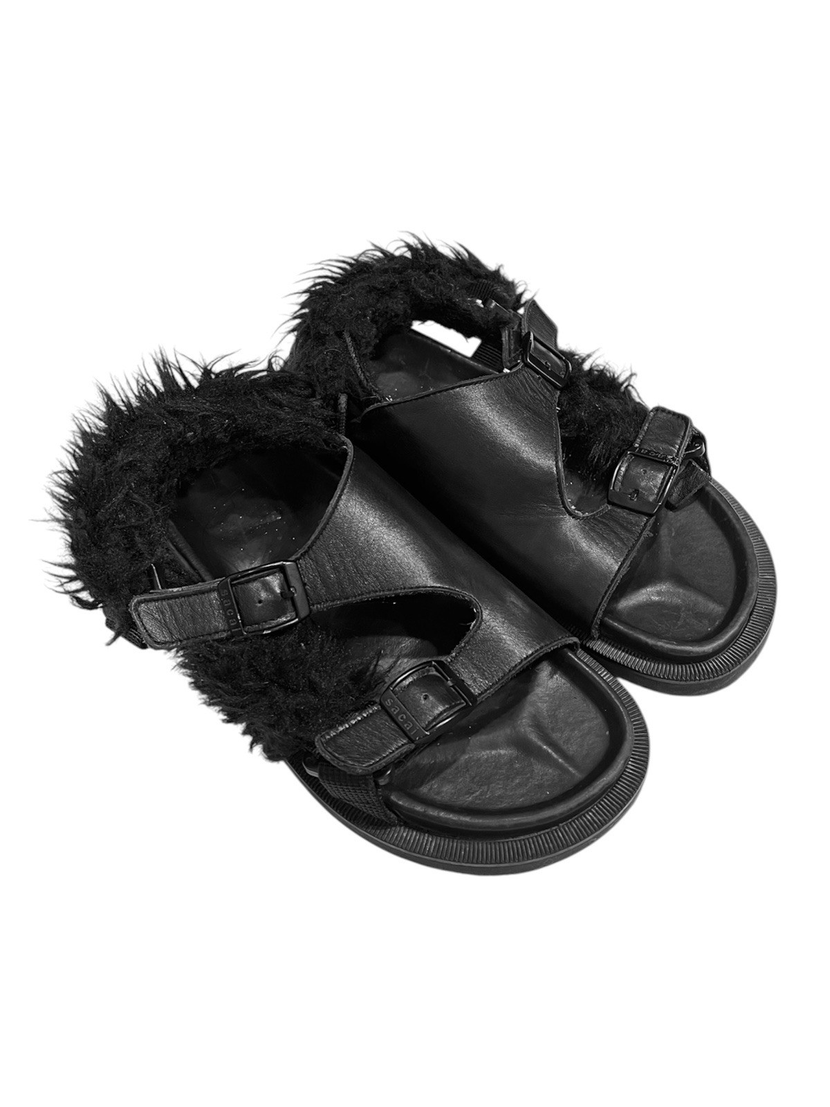 Sacai Black Leather Adjustable Buckle Sandals with Fur Trim ($685) Size 7