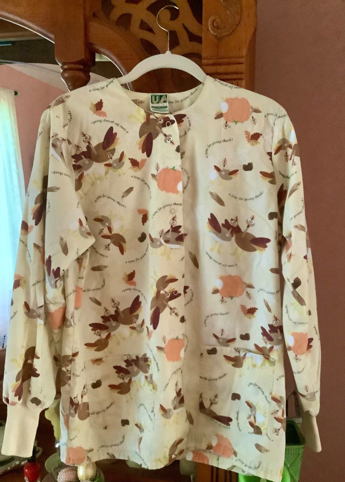 UA Scrubs Thanksgiving Snap Front Scrub Jacket Turkey Pumpkins Brown Orange XS