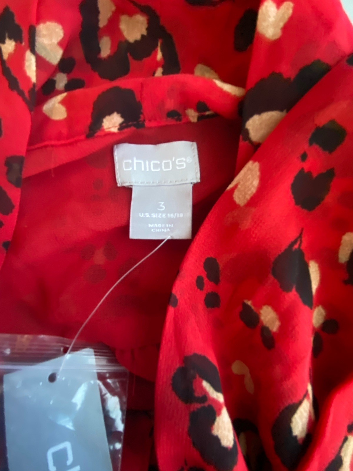 Chico’s Blouse Womens 3 Red Leopard Heart Sheer Top Tie Neck Long Sleeve NWT