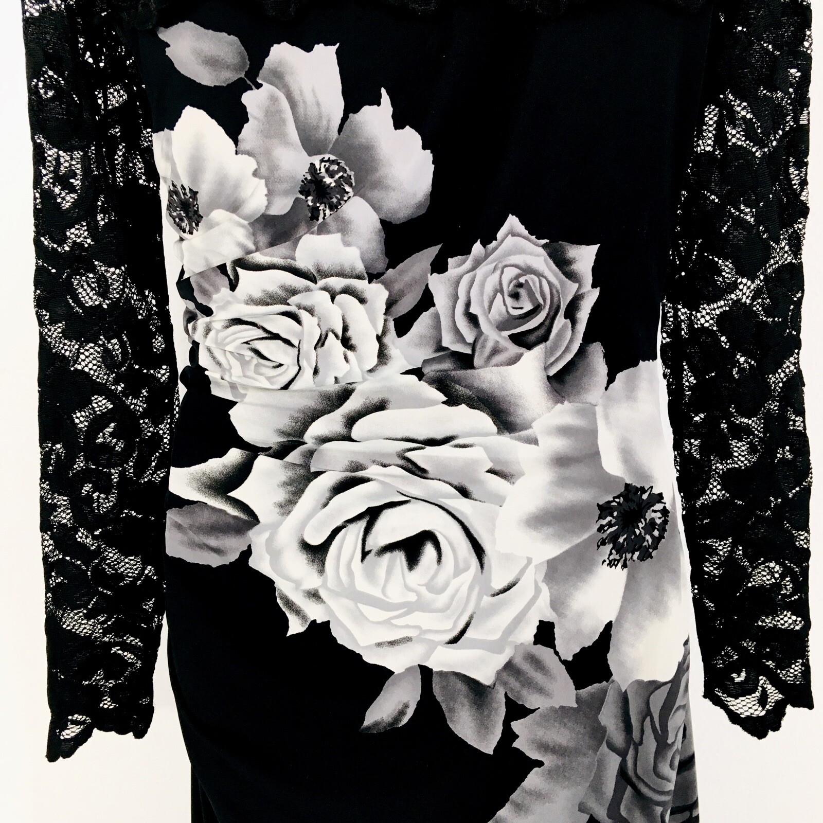 Phase Eight Black Silky Jersey & Lace Ruched Midi Dress Sz 14 Fairy Whimsy Goth