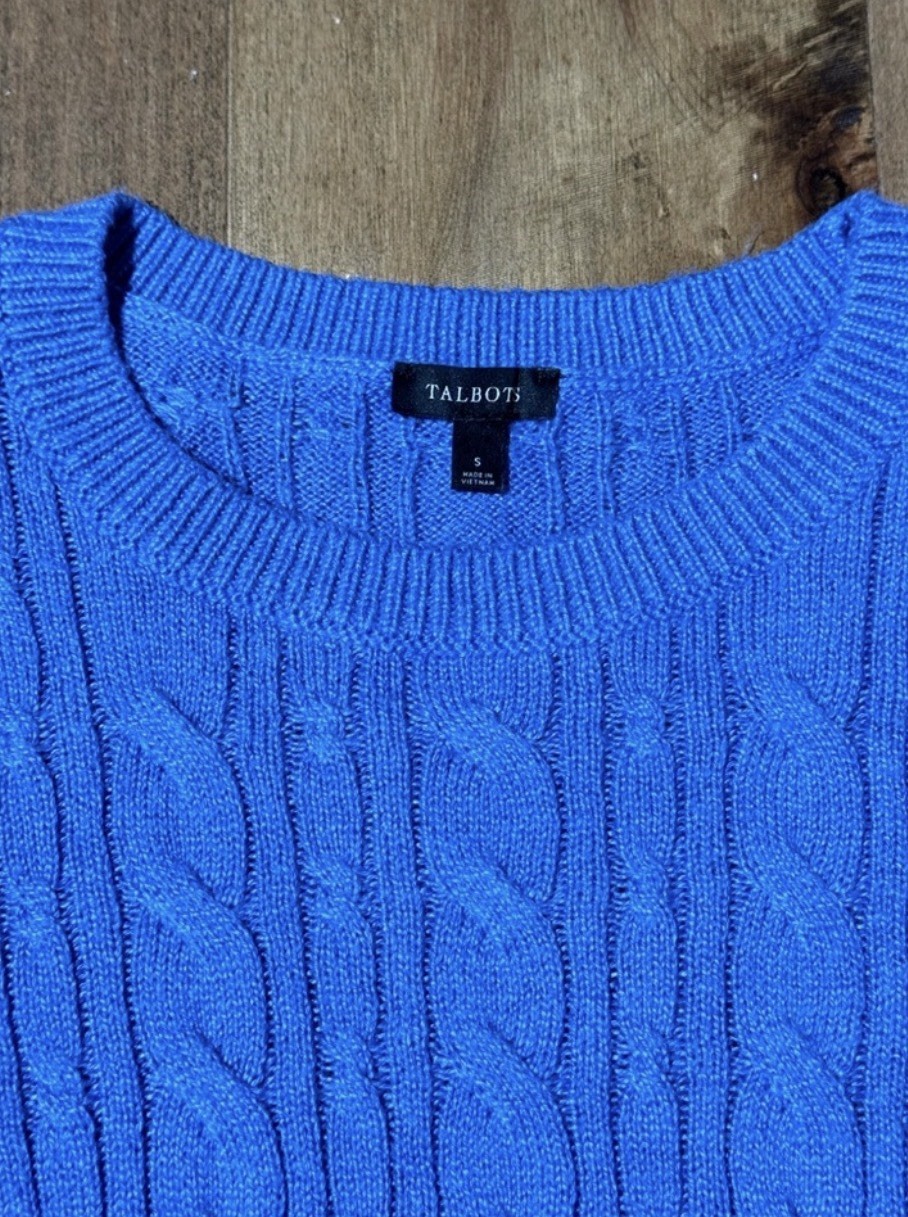 Talbots Blue Cable-Knit Crew Neck Pullover Sweater, Long Sleeve, Button S