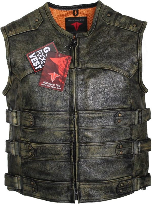Motorcycle Leather Brown Collarless Tactical Vest with Mesh Lining