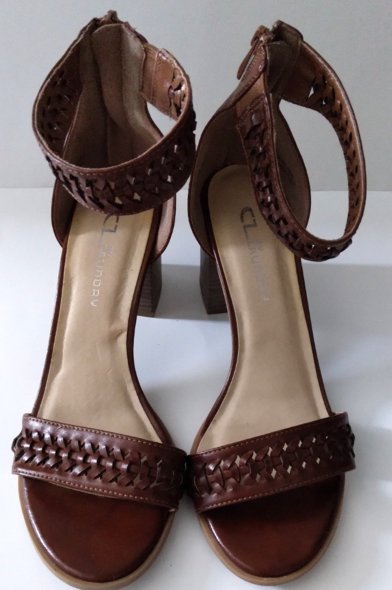CL By Laundry Brown Woven Strap Block Heel Sandals Size 8