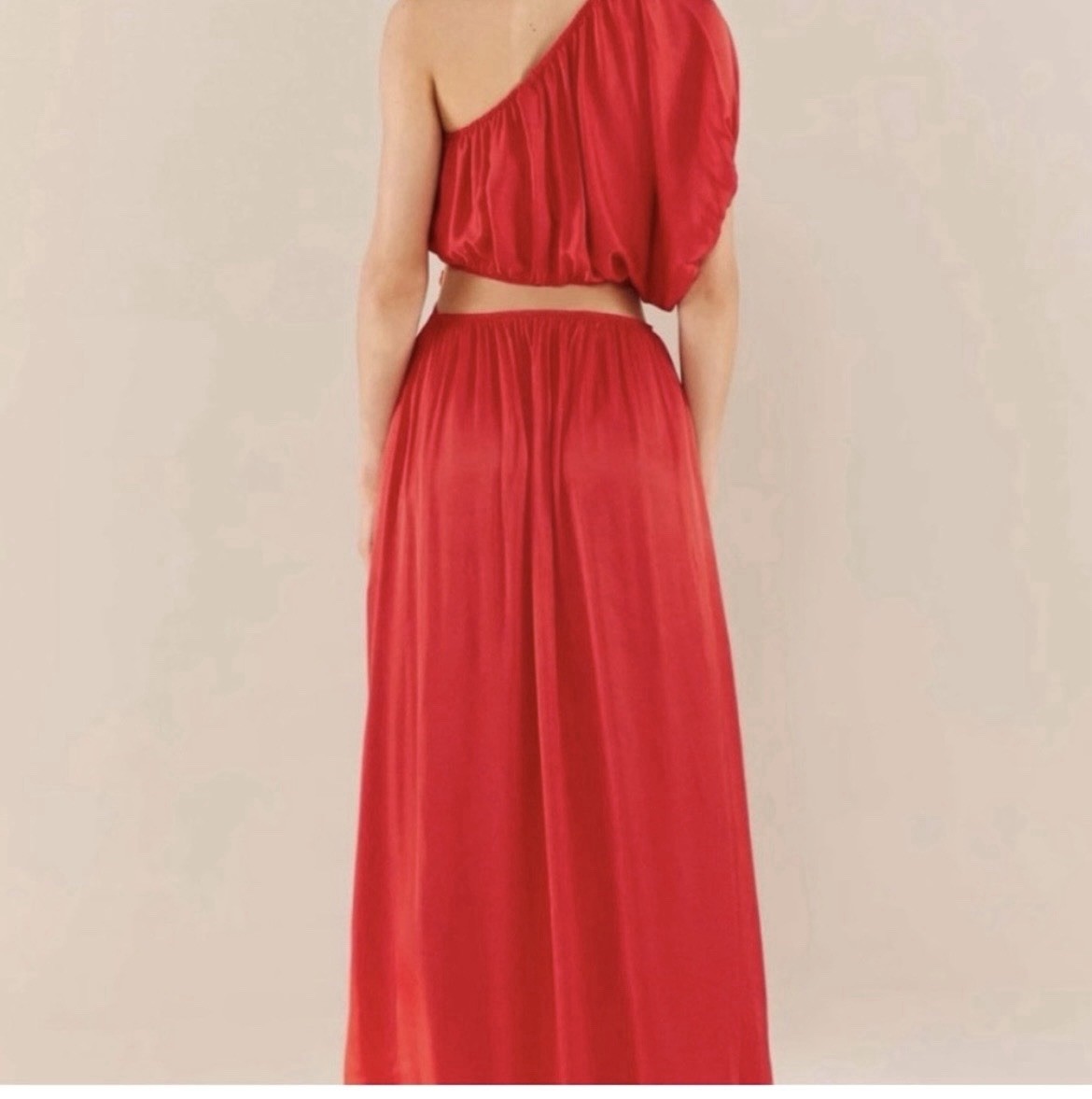 Farm Rio Women’s Red Satin One-Shoulder Crop Top & Maxi dress