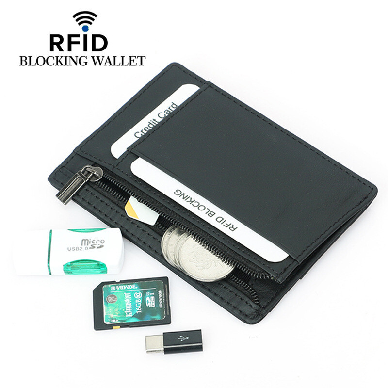 Slim Leather Women Men Wallet with Zipper,RFID Blocking Coin Purse Card Holder