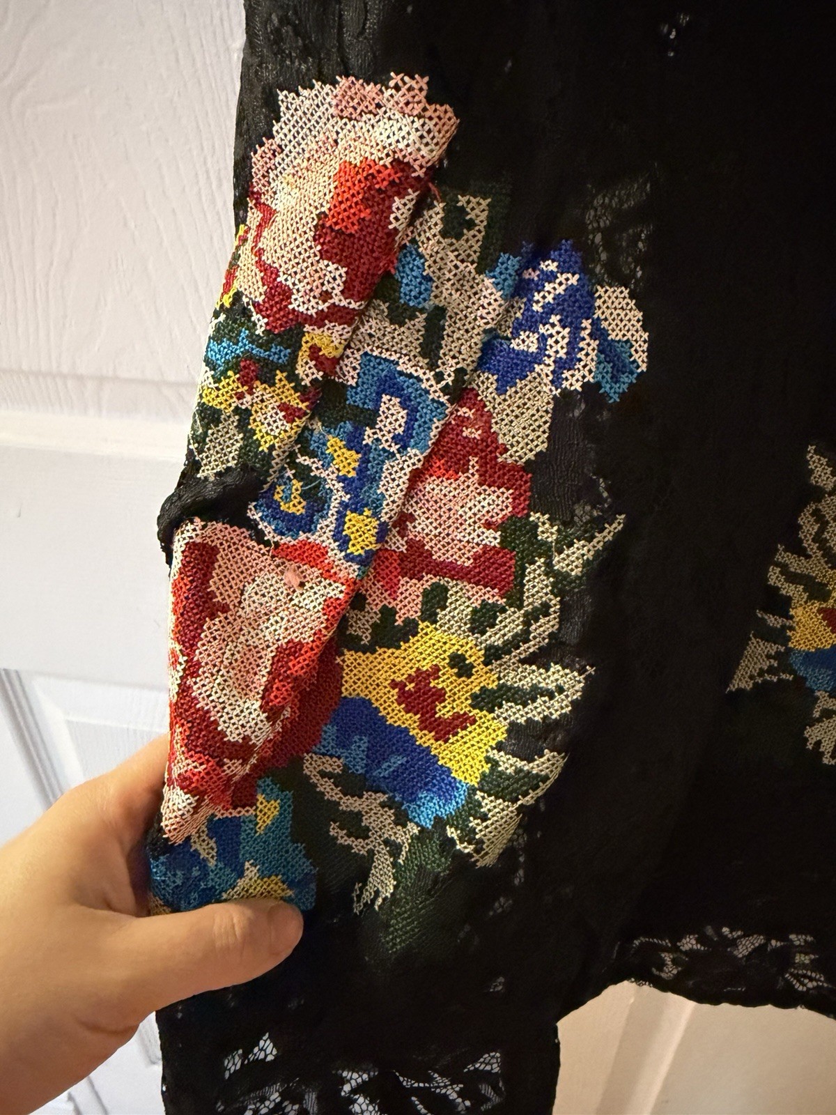 Black Lace Mini Dress with Multicolor Floral Embroidery