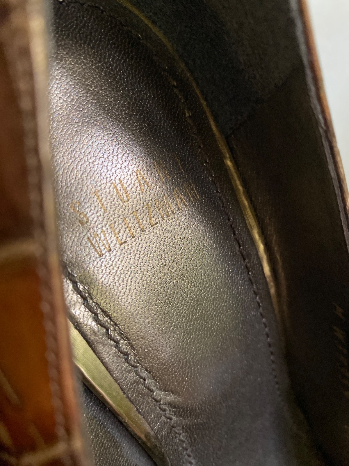 Stuart Weitzman Leather 4.5” Stiletto Platform Heels Bronze Croc Embossed 8.5