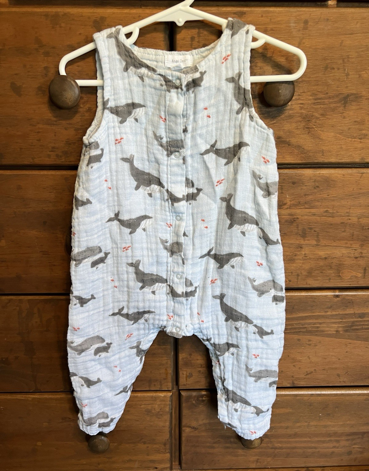 Angel Dear One-Piece Romper 12-18 Months Light Blue Whale Muslin Cotton Button