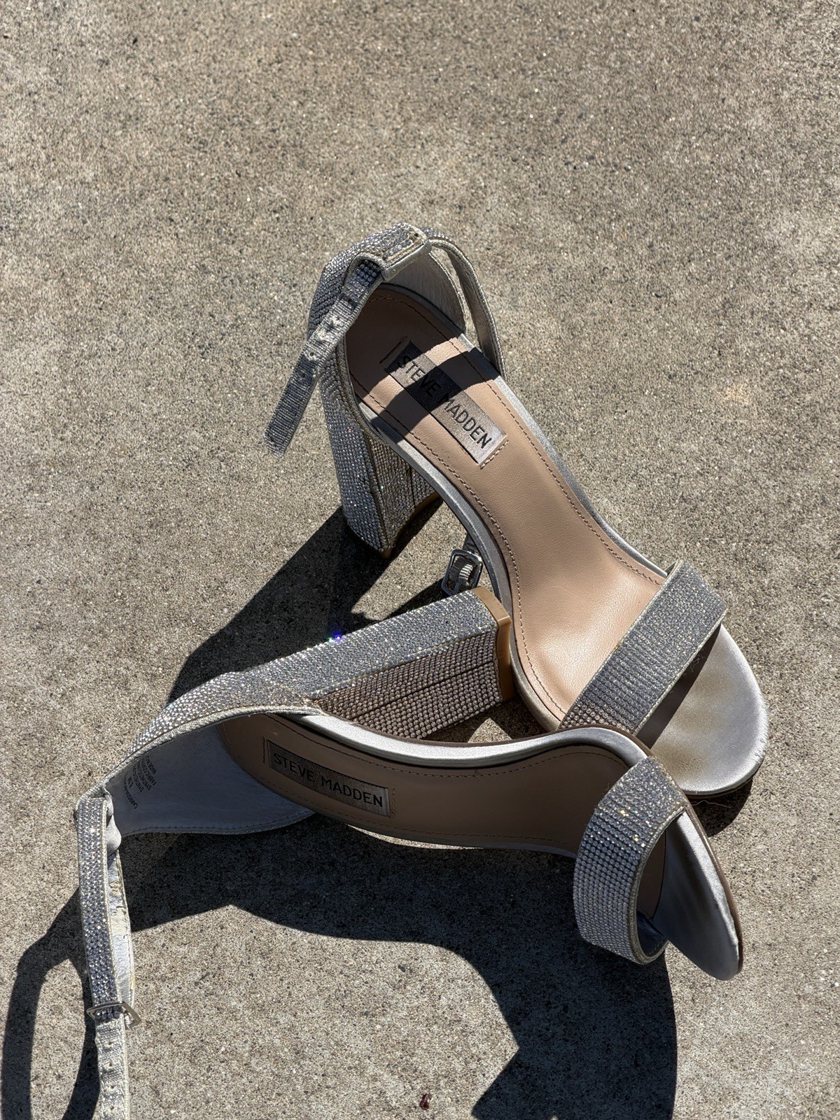 Steve Madden Women’s Silver Rhinestone Strappy Open Toe Ankle Strap Block Heels