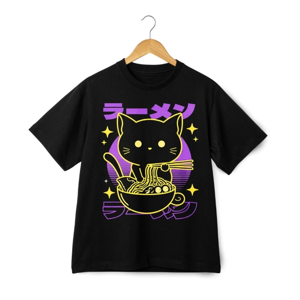 Cute Ramen Cat Anime T-Shirt Japanese Noodle Graphic Kawaii Unisex Tee