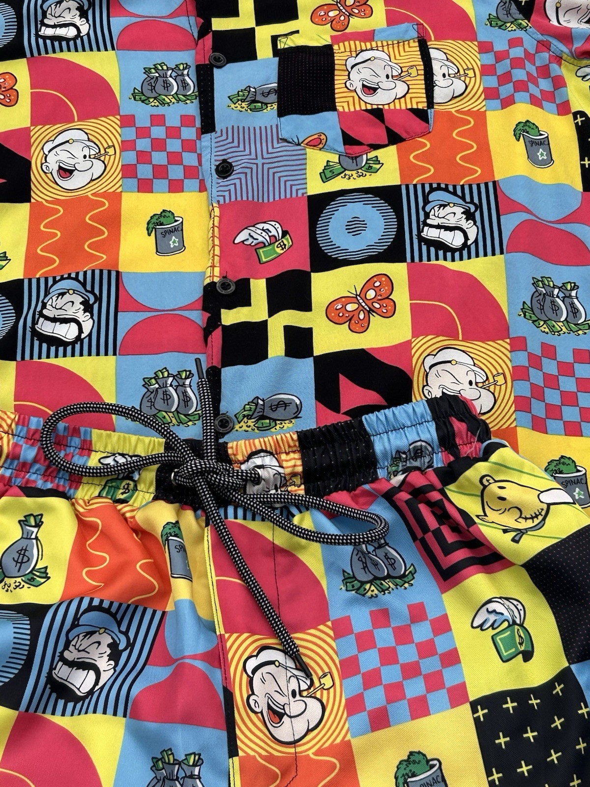 Reason Popeye Matching Set Mens M Button Shirt Swim Trunks Retro Graphic