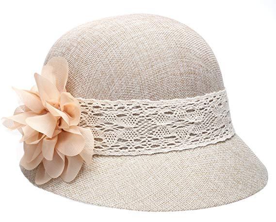 1920’s Inspired Women’s Gatsby Linen Cloche Hat With Lace Band and Flower