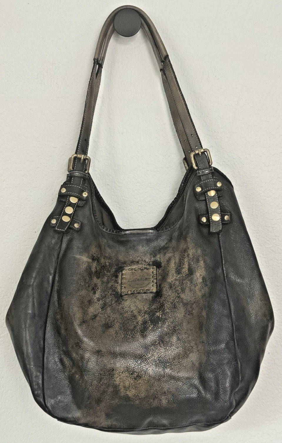 Lusher Soft and Slouchy Hobo Stone Washed Black Raw Onyx Italian Leather Studded