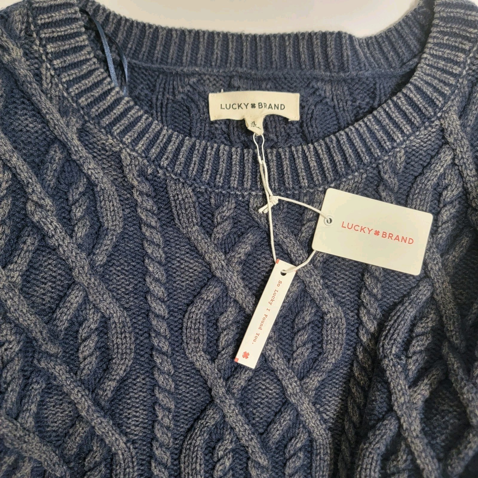 NWT Lucky Brand Cadet Navy Acid Wash Chunky Cable Knit Pull Over Sweater Wom XL