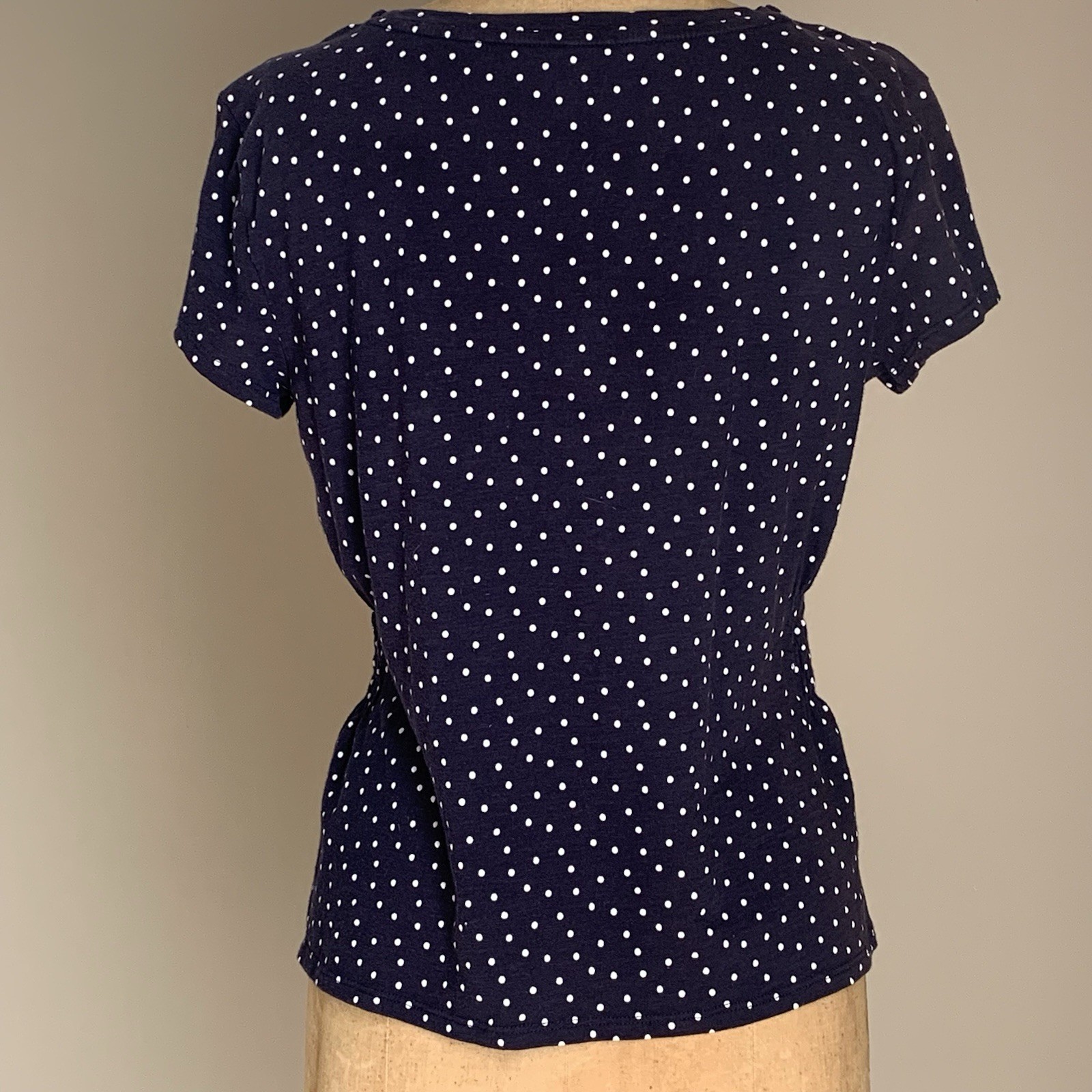 OOAK Vintage Boho LOFT Navy Polka Dot Smocked Top White Lace Doily Medallion S