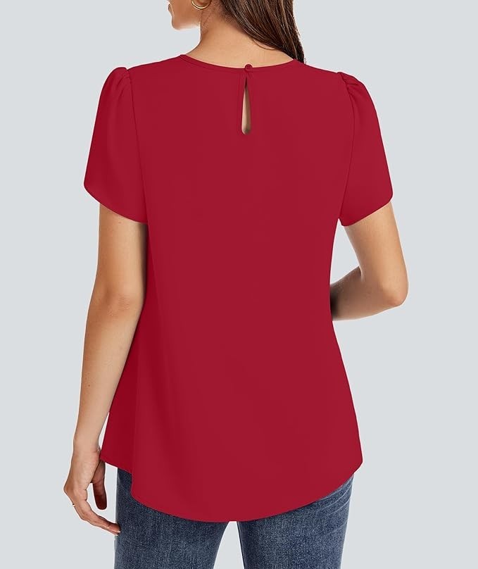 Womens Tops Dressy Casual Summer Tunic Chiffon Blouse Pleated Front Crew Neck Sh