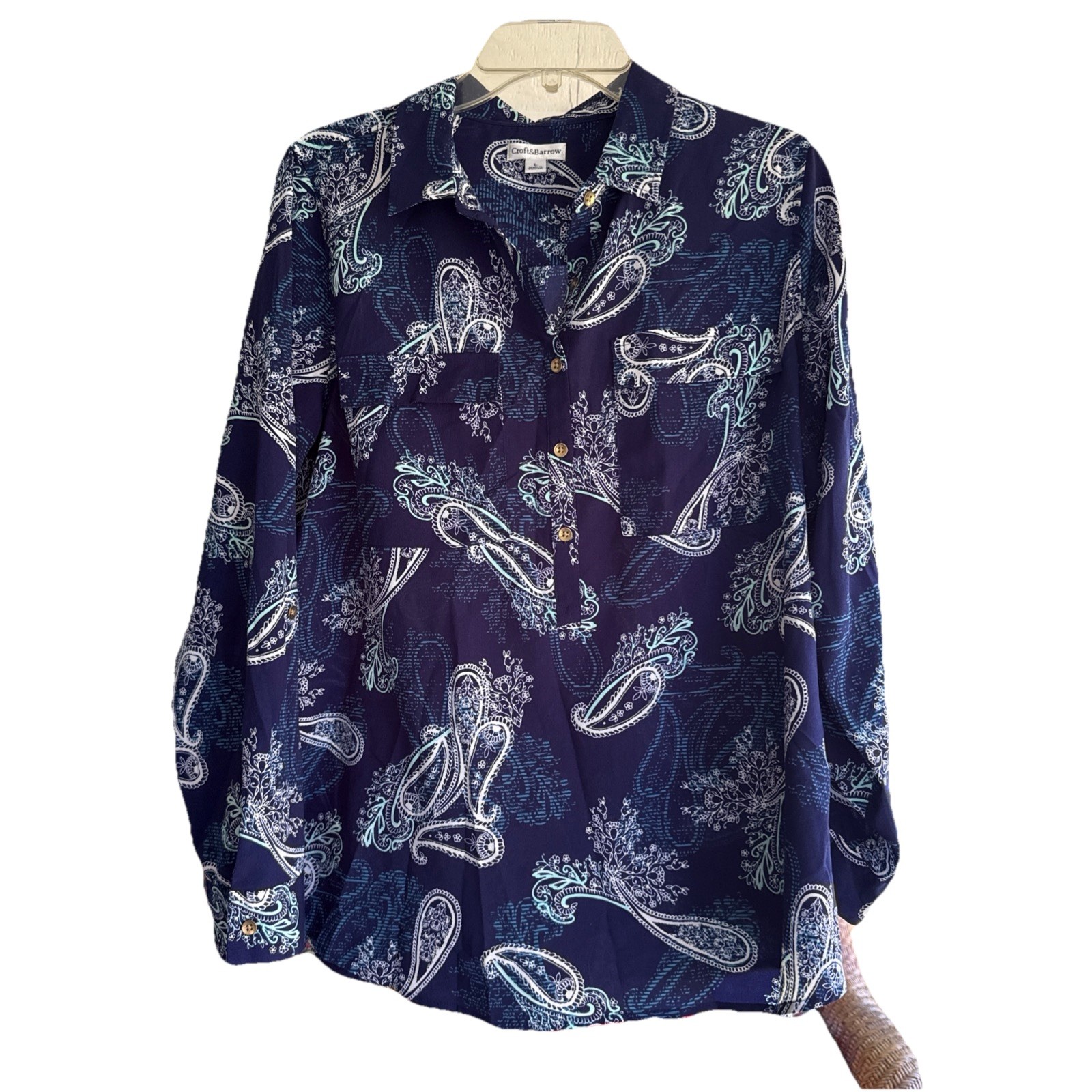 Croft & Barrow Large Blouse￼Navy Paisley Long Sleeve