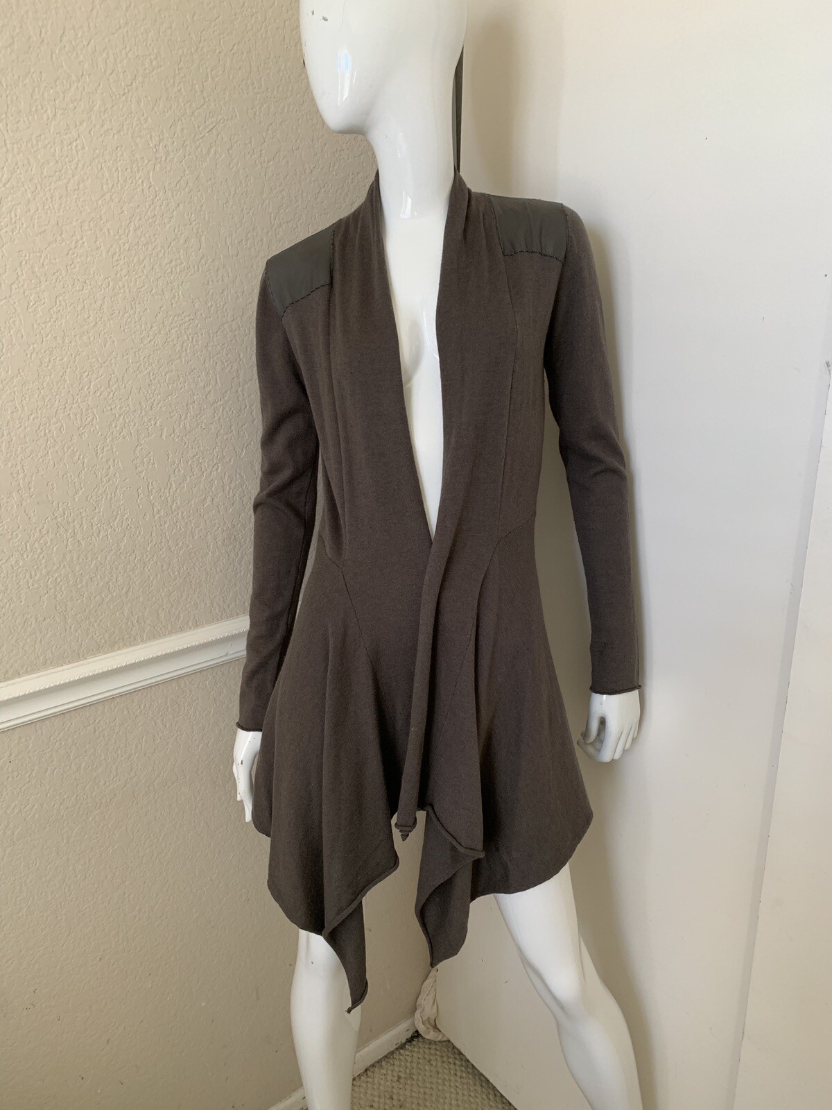 MY TRIBE NEW! Dark Taupe Cashmere/Angora Cardigan w/ Leather Contrast Panel Sz M