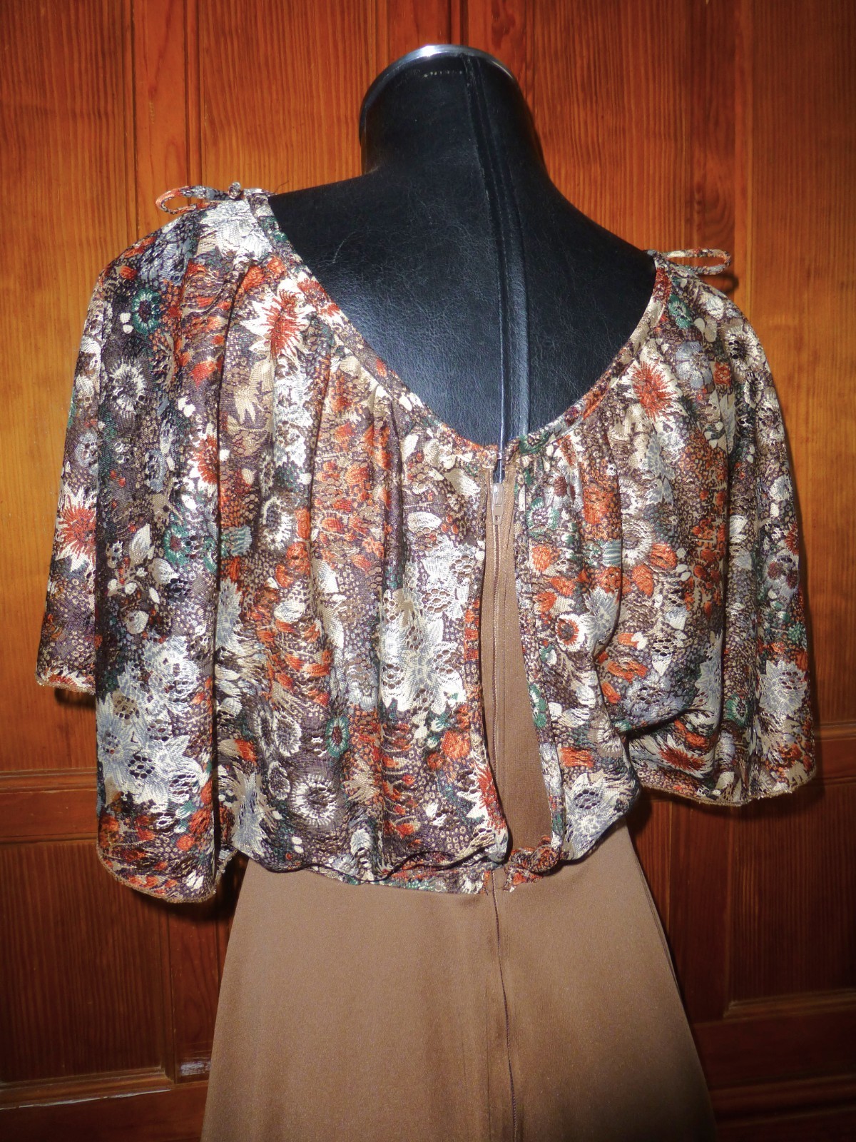 VTG 70’s Silky Jersey knit Caramel Brown Cape Lace boho Belted Fit Flare DRESS