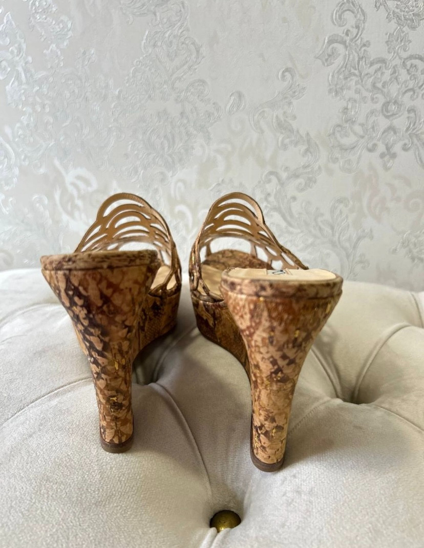 Oscar de la Renta Cork Wedge Sandals Mules Cutout Gold Fleck EU 40 US 10