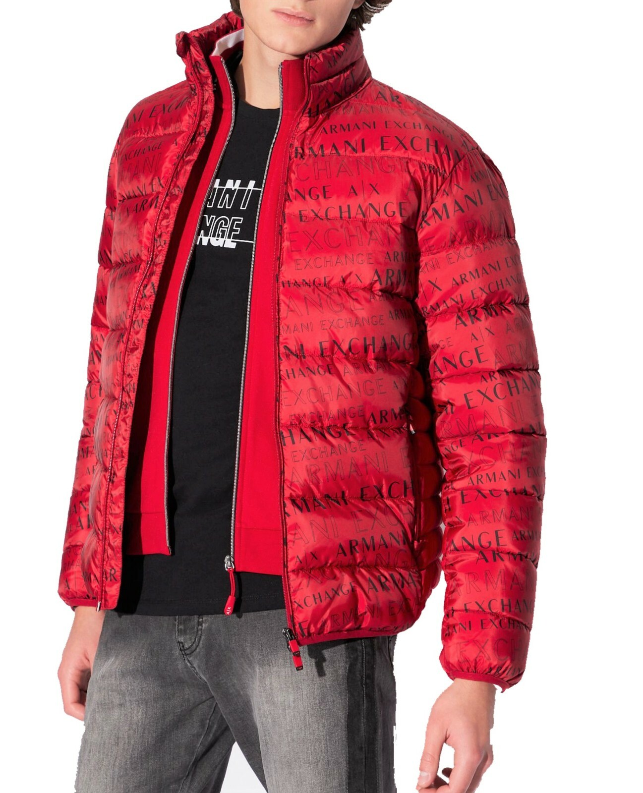 NWT : A|X ARMANI EXCHANGE Mens Logo Print Quilted Puffer Jacket : RED : S – XXL