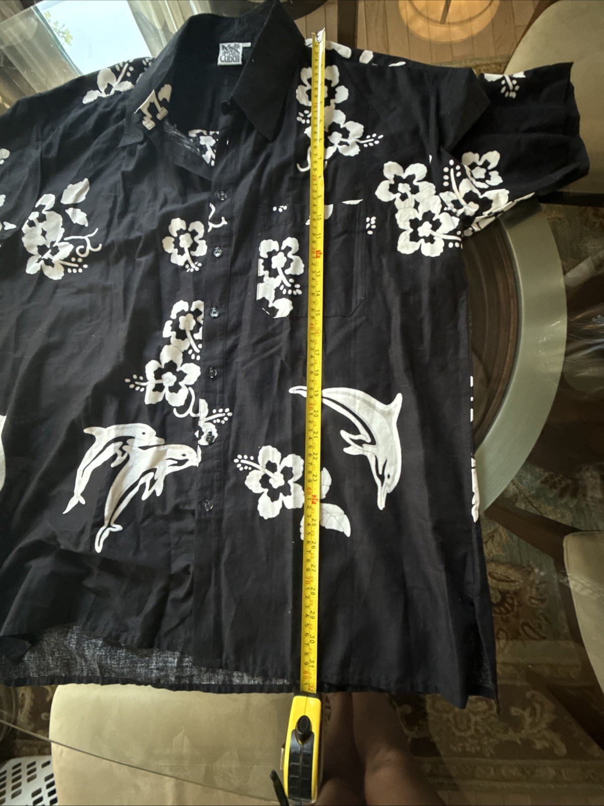 Cabali Hawaiian Shirt Mens XXL Black And White Short Sleeve Dolphins & Floral