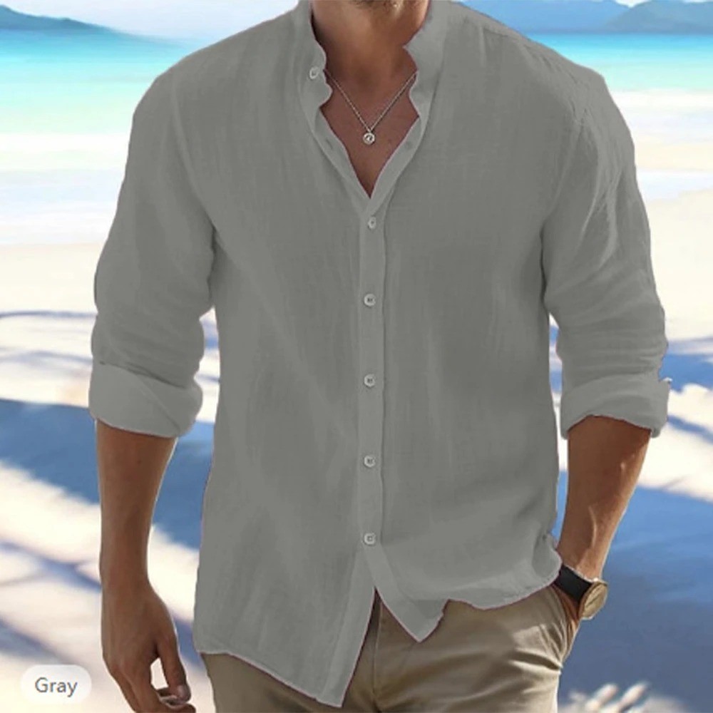 Linen Shirt Men Long Sleeve Casual Summer Beach Button Up Cotton Breathable Top