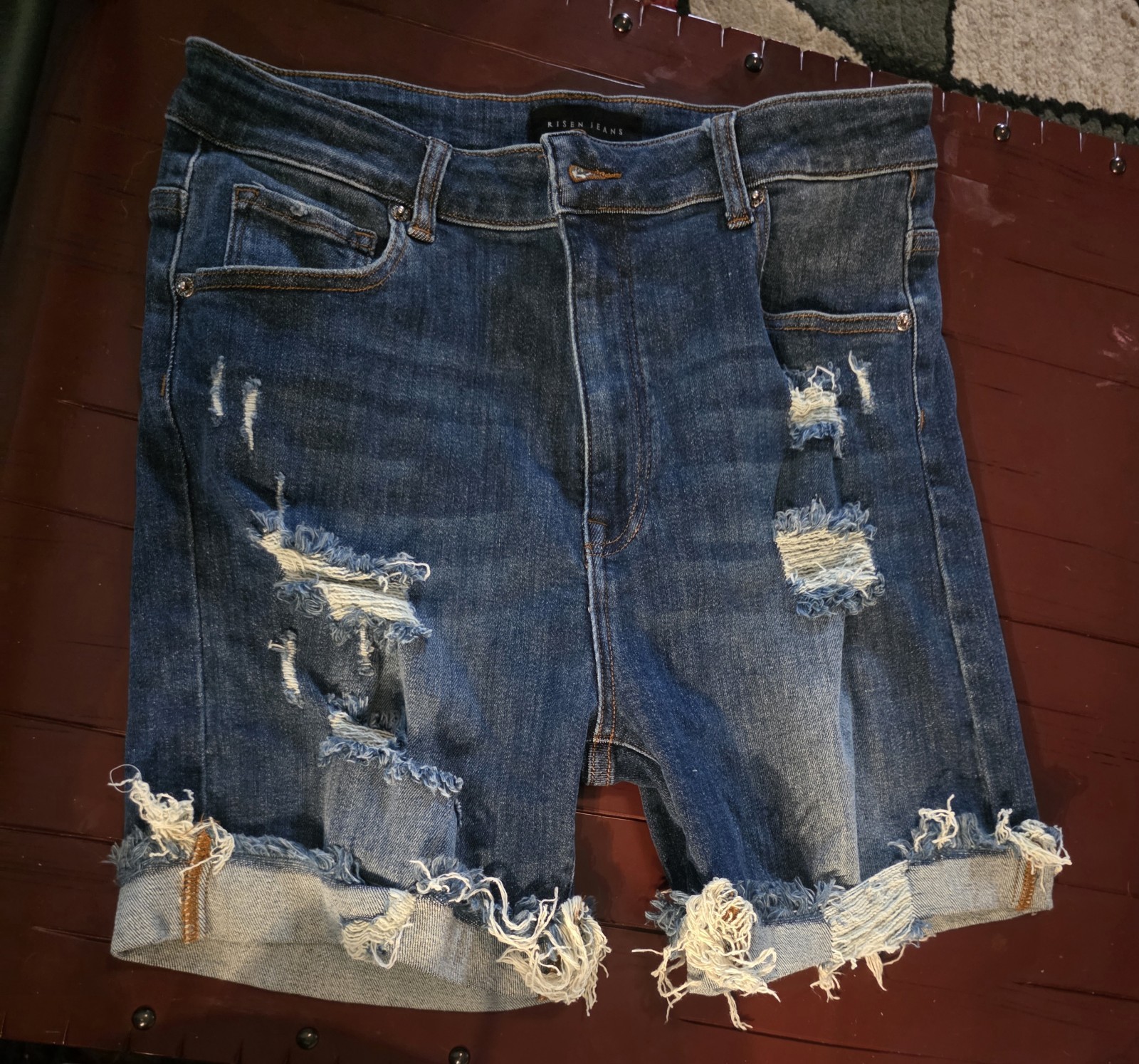 Risen Women’s Distressed High Rise Cuffed Denim Shorts Medium Wash Blue 1XL