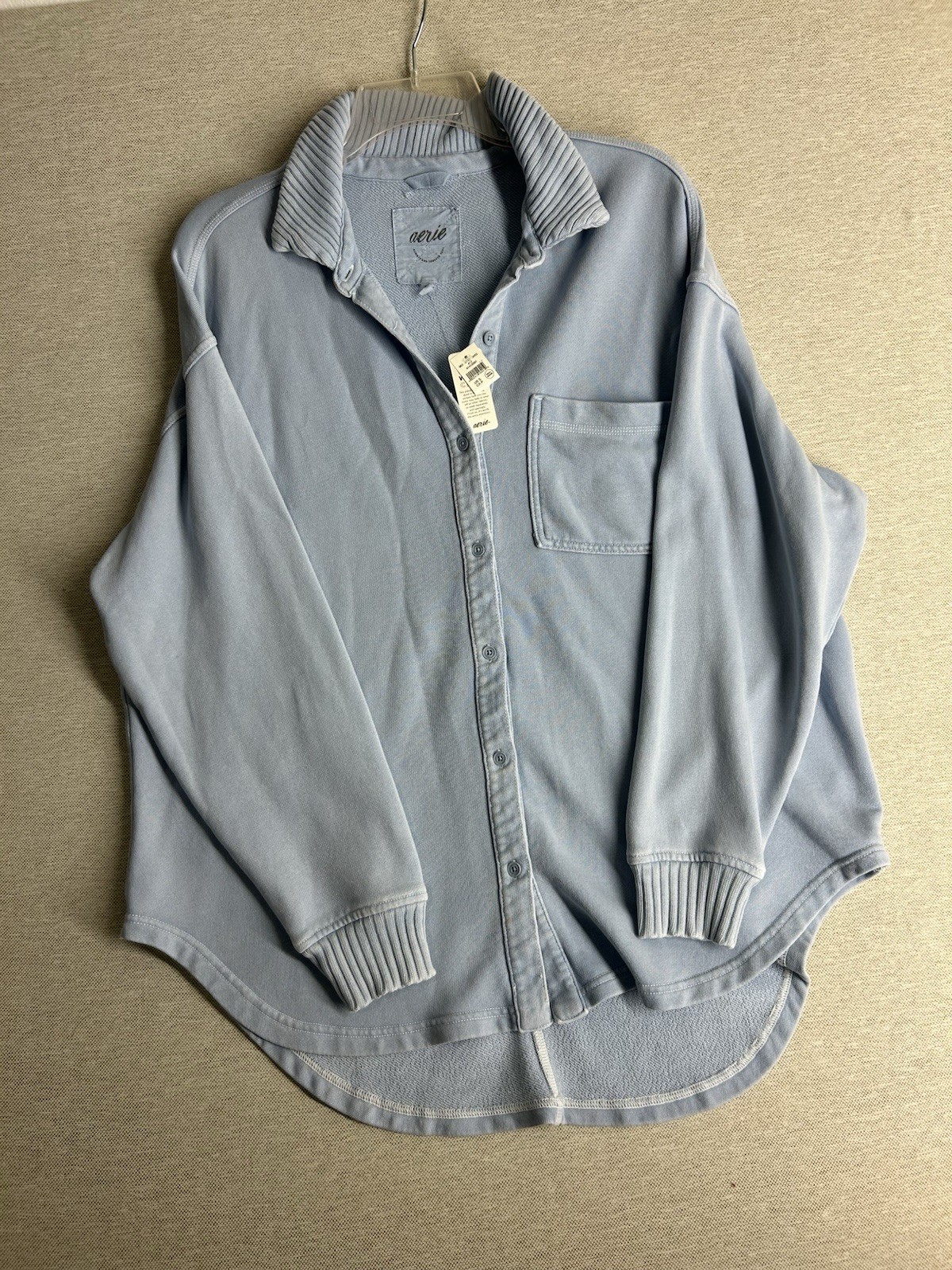 Aerie Blue Solid Knit Button-Front Collared Long Sleeve Pocket Shirt S