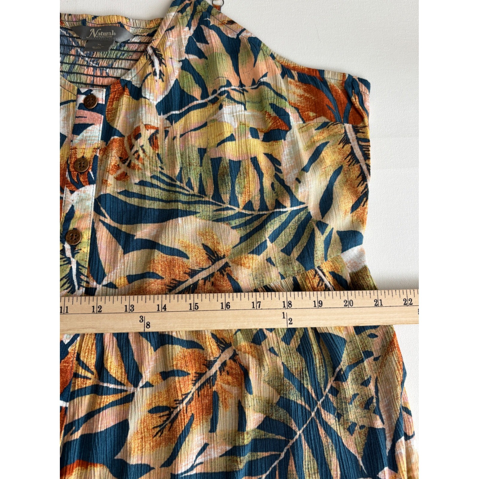 Natural Reflections Tropical Leaf Button Front Midi Dress XL Smocked Boho