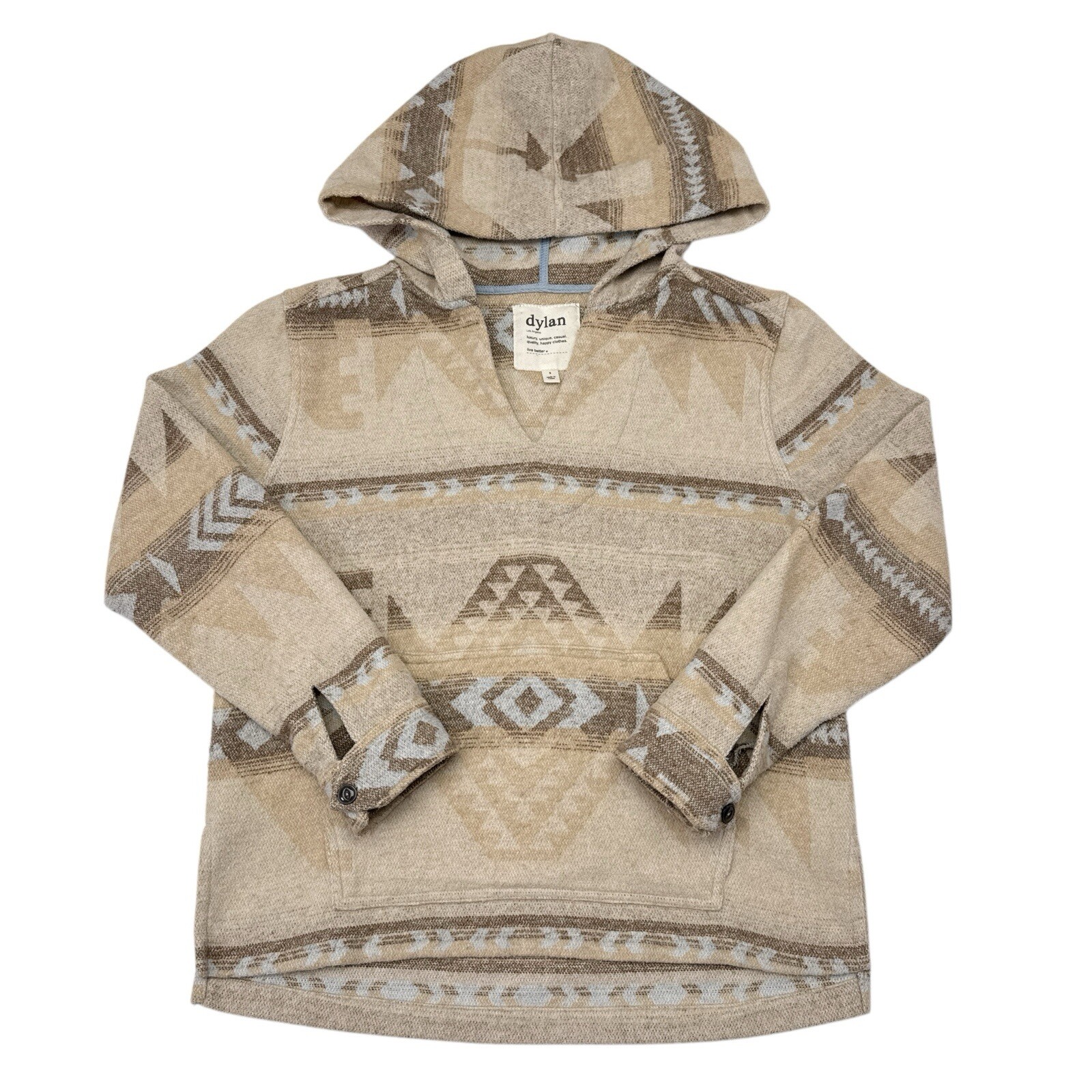 DYLAN Aztec Baja Hoodie Sweatshirt Small Tan Western Southwestern Wool Blend