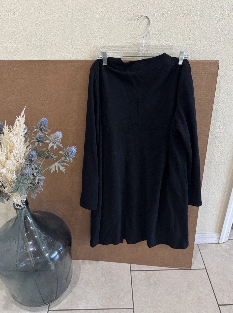 Eileen Fisher Viscose Wool Blend Open Front Black Long Cardigan Sz L