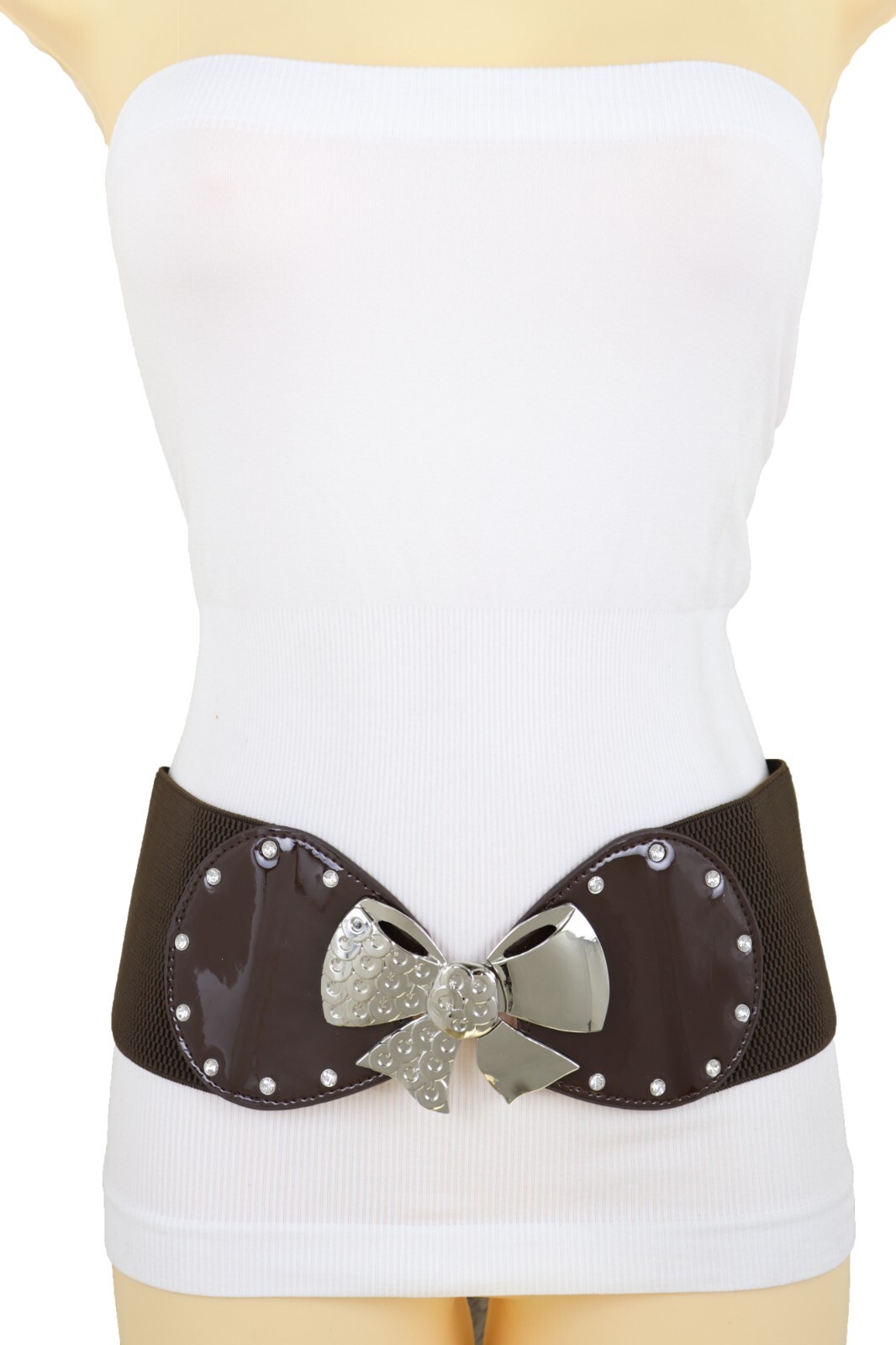 Women Dark Brown Color Wide Apparel Belt Silver Metal Bow Tie Ribbon Buckle S M