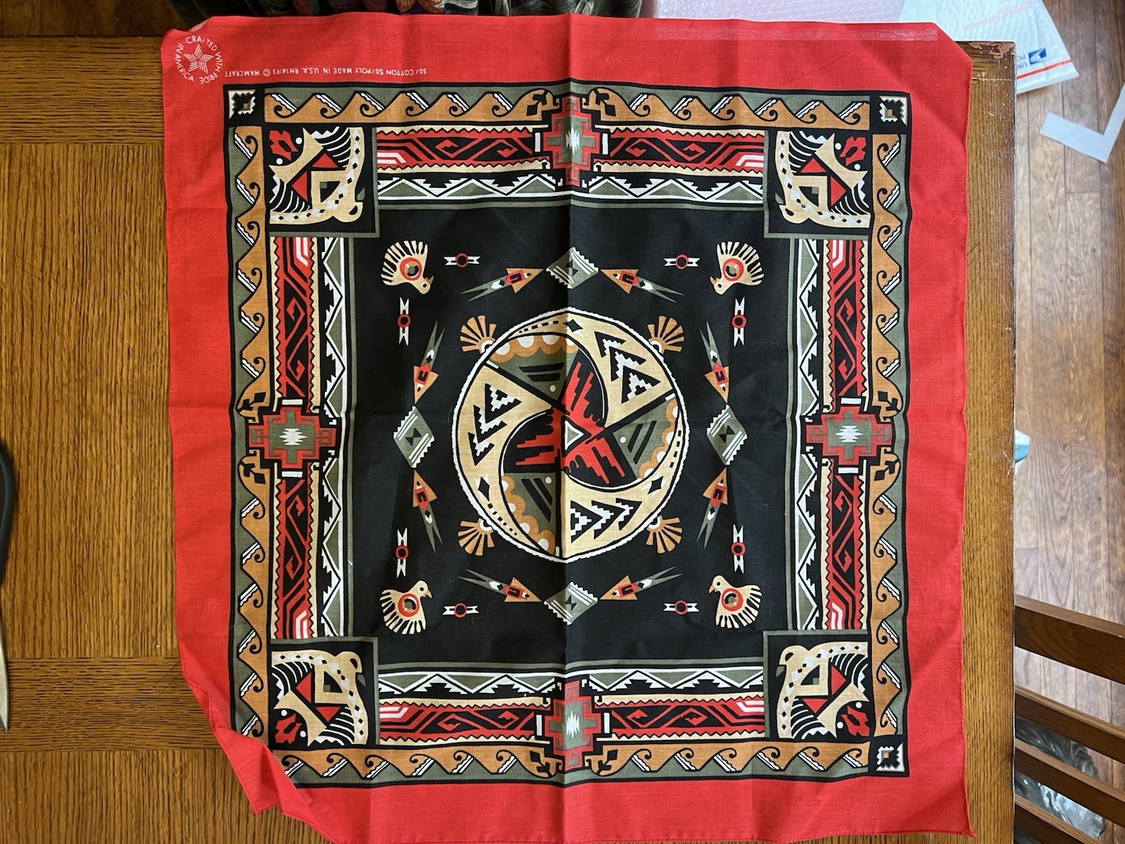 Vintage Wamcraft Bandana Southwestern Thunderbird Red Black USA Made 80s