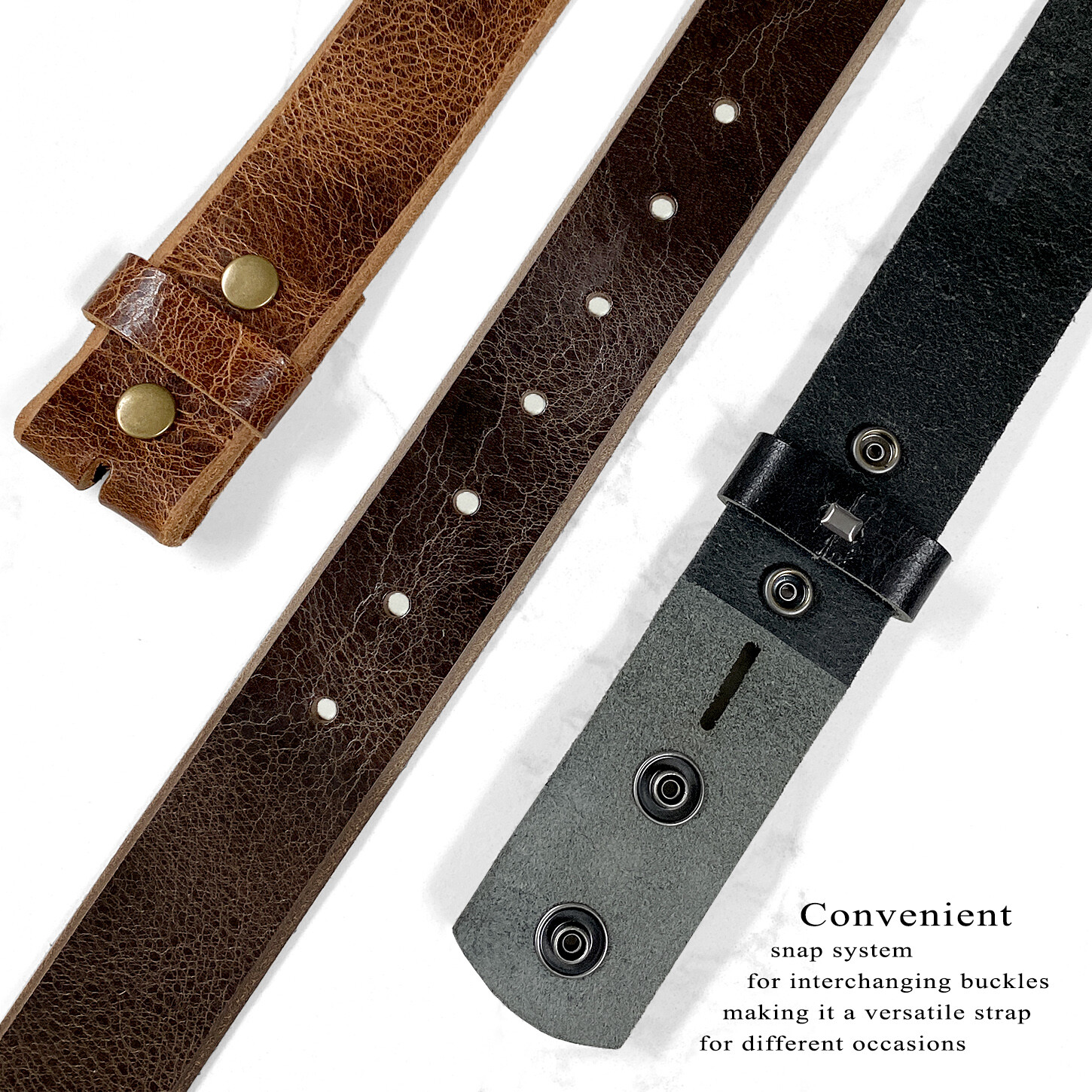 BELT STRAP SNAP ON FULL GRAIN ONE PIECE LEATHER UNISEX BELT-BLACK, BROWN, OR TAN