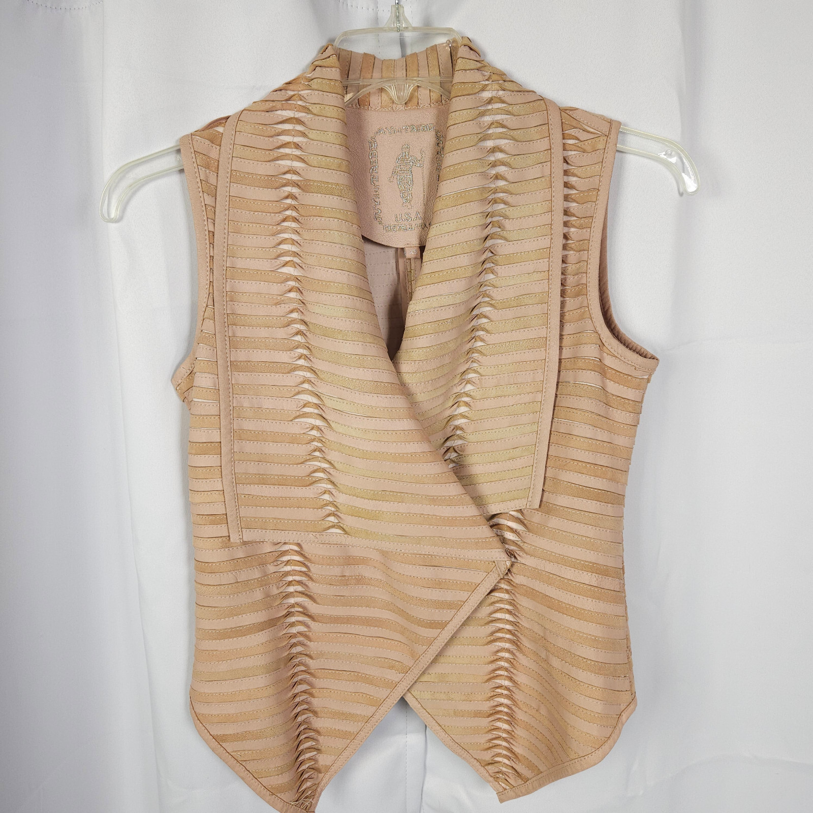 My Tribe Pink Tan Striped Leather Drape Collar Vest Boho Womens XS