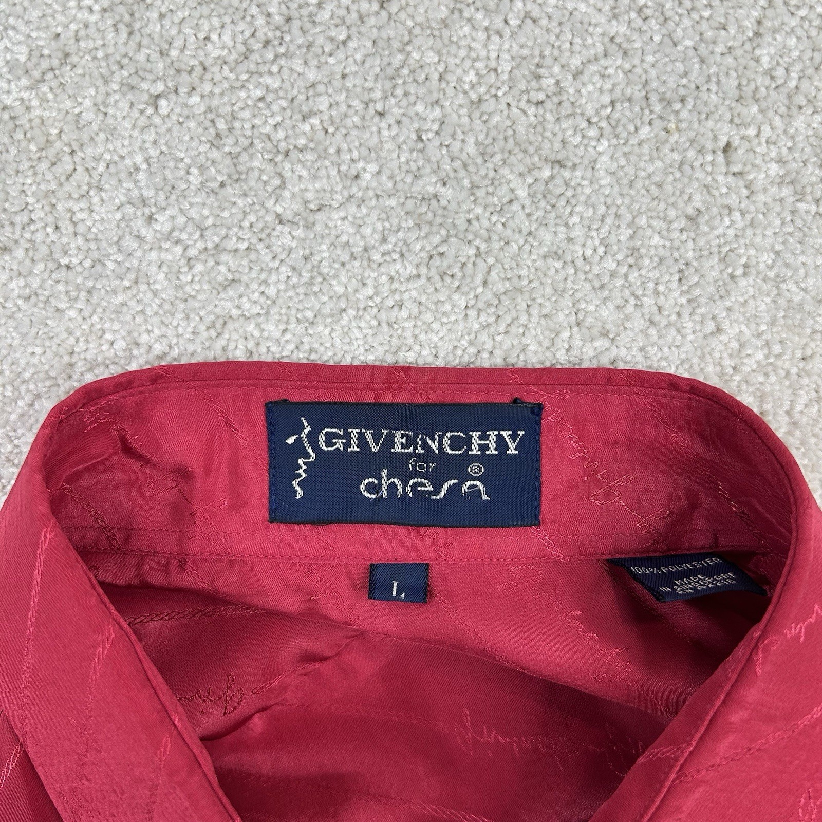Vintage 70’s GIVENCHY for Chesa Men’s Red Logo Script Satin Disco Button Shirt L