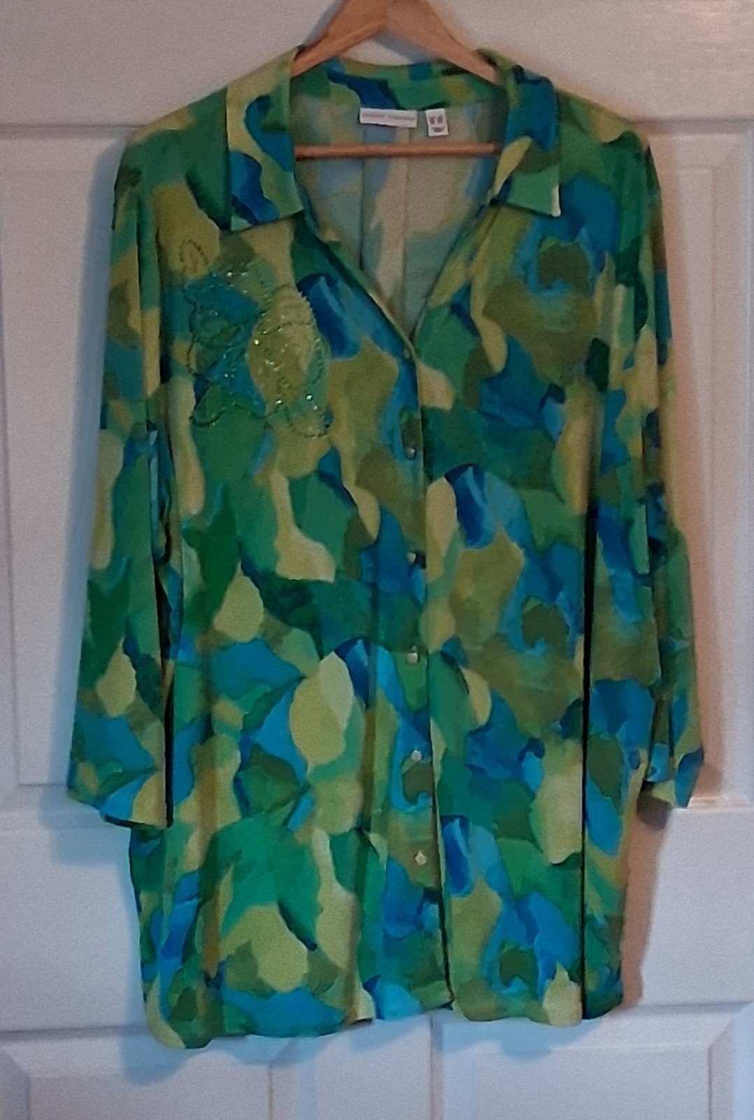 Susan Graver Liquid Knit Button Up Tunic with Embellishment, Blues & Greens 3X