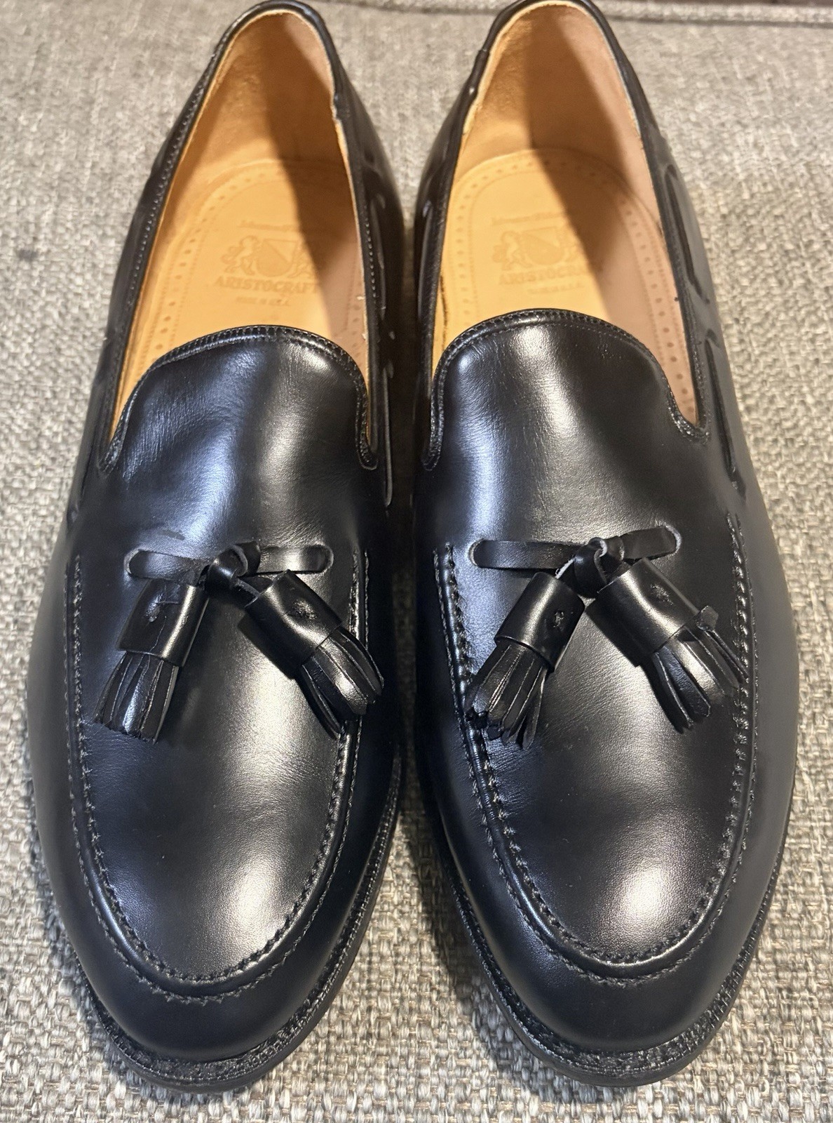 Vtg Johnston & Murphy Aristocraft Black Tassel Loafers D/B USA Trampoline Sole.