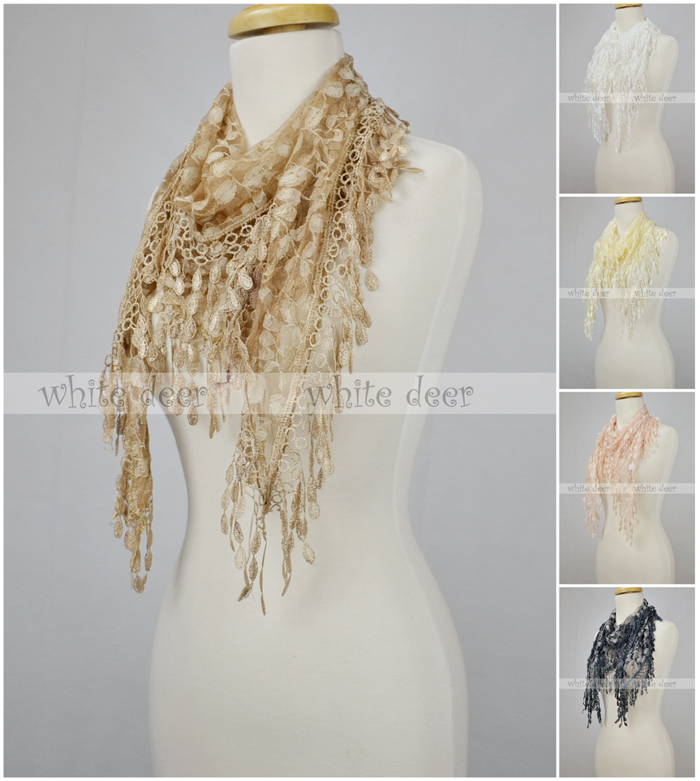 Triangle Lace Scarf Melon Seed Fringe Tassel Floral Leaf Sheer Embroidery