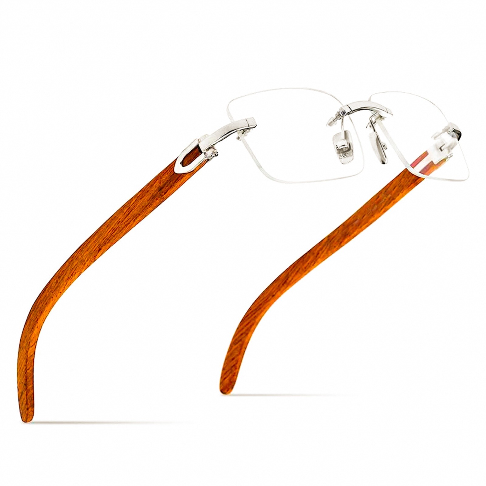 Mens Clear Rimless Woodgrain Silver Designer Frame Retro Vintage Hip Hop Glasses
