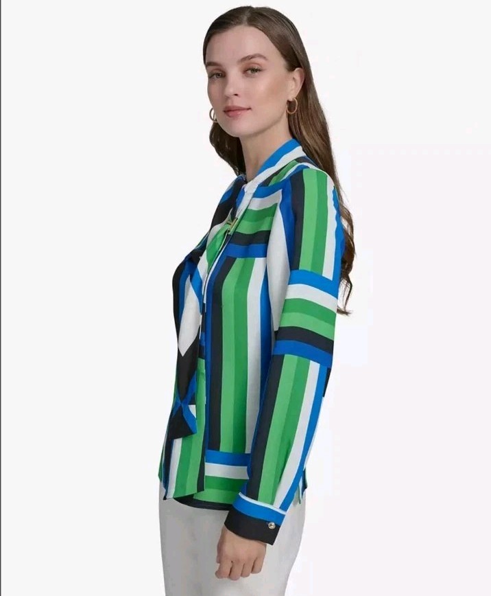 Halston Heritage Geo-print Tie-neck Long-Sleeve Blouse Parakeet Multi