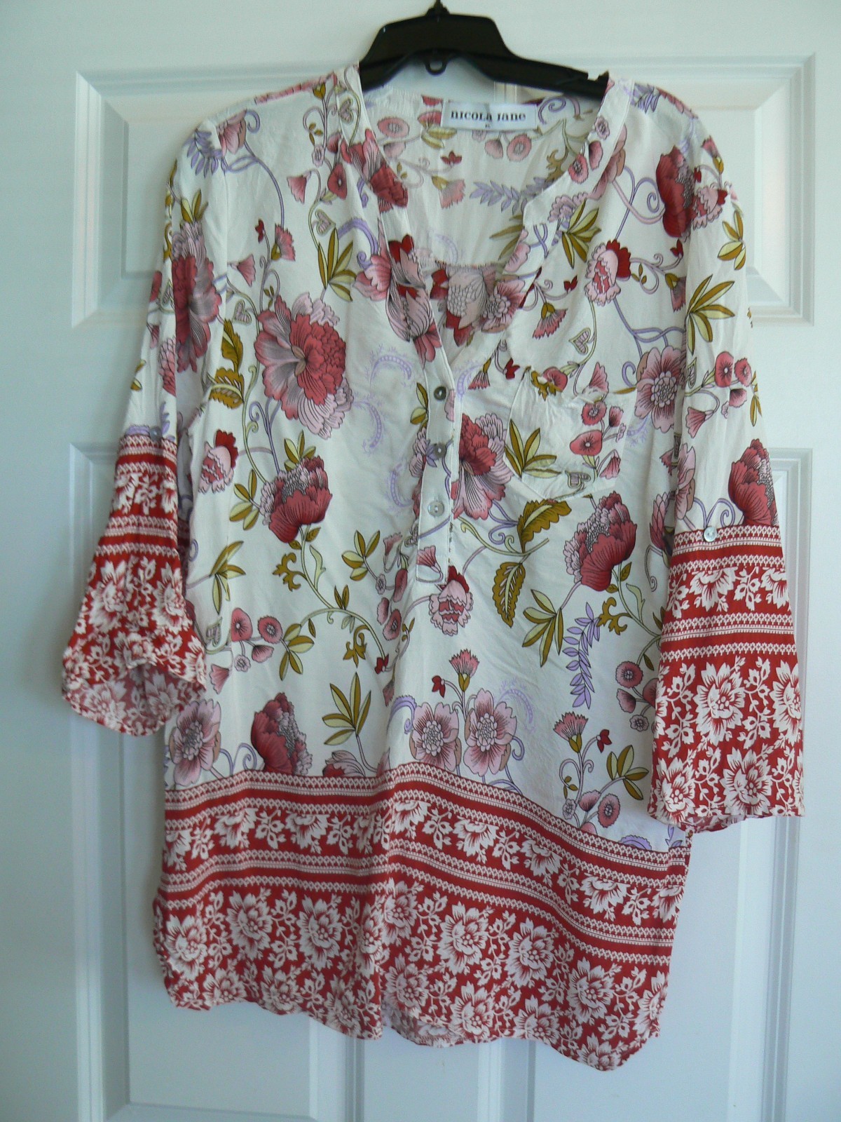 NICOLA JANE LOVELY RED & WHITE FLORAL 3/4 SLEEVE TUNIC TOP WOMENS PLUS SIZE XL