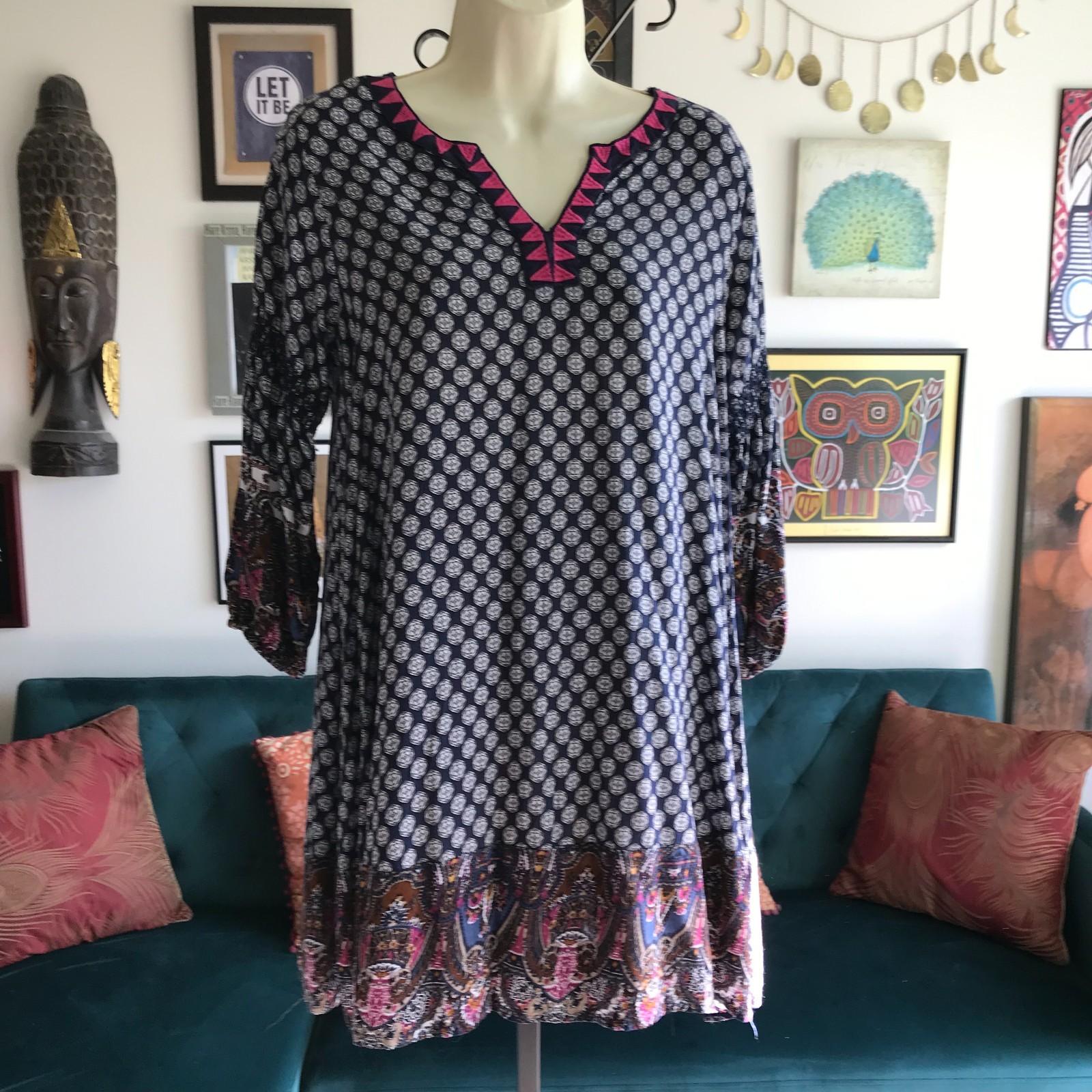UMGEE size S Navy Blue & Pink Print 3/4 Sleeve Embroidered Bollywood Tunic Top