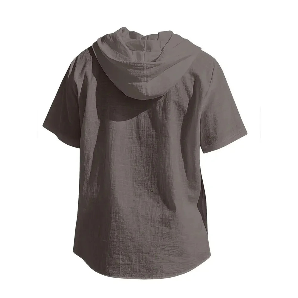 Men Cotton Linen Hooded Shirt Short Sleeve Breathable Casual Hoodie Summer Gift