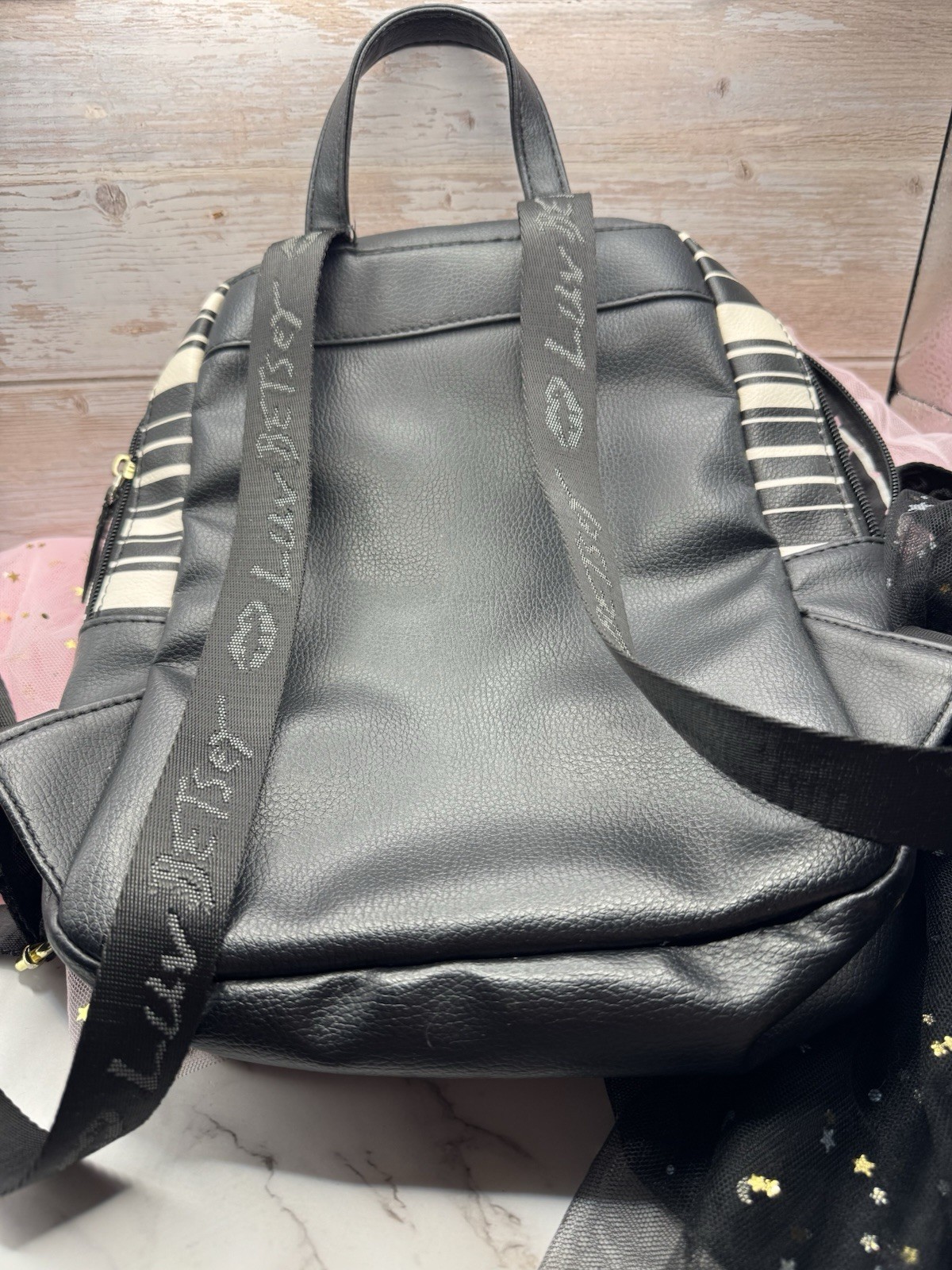 Betsey Johnson Luv Betsey Pink Quilted Heart Mini Backpack Black Striped EUC