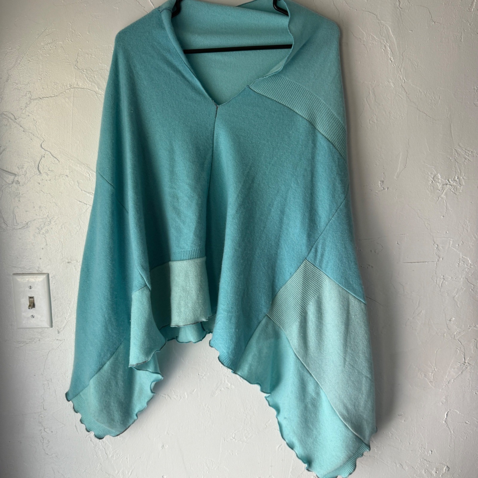 Blue Knit Poncho Cover Up Ruana Cape Shawl Asymmetric Hem Versatile Cashmere